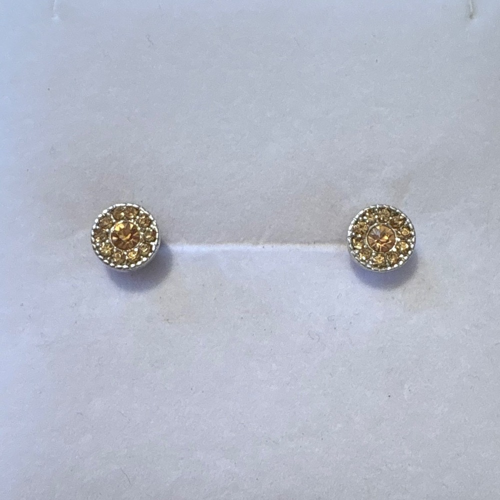 Y2K Amber Crystal Halo Stud Earrings Silver Tone Round Petite‎ Post Jewelry